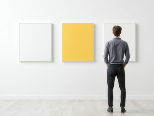 Obraz premium A minimalist art gallery with a guide explaining an exhibit, cultural service, clean presentation