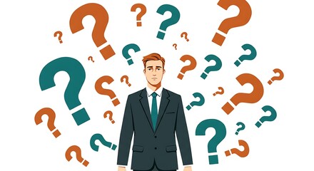 Businessman Surrounded by Question Marks Uncertainty Decision Problem Solving
