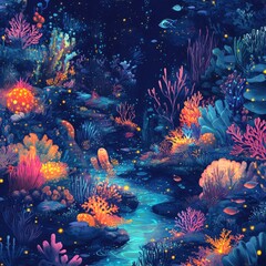 Naklejka premium Vibrant Underwater Scene With Bioluminescent Coral Reef