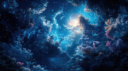 Mermaid Gazes Upon A Celestial Underwater Coral Reef