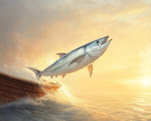 Tuna Jumping into Fishing Boat at Sunset