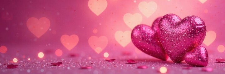 Fototapeta premium Glittering pink hearts on soft bokeh light background for romantic Valentine?s Day greeting card, hearts, bokeh