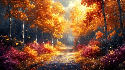 Fototapeta premium Scenic Golden Autumn Path Surrounded by Beautiful Forest and Captivating Background
