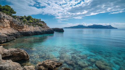 Clear blue waters and rocky coastline showcase a tranquil bay on a sunny day