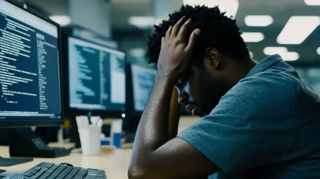 Frustrated developer at computer, facing challenges in coding and debugging, embodies the perseverance and resilience required in the tech industry.