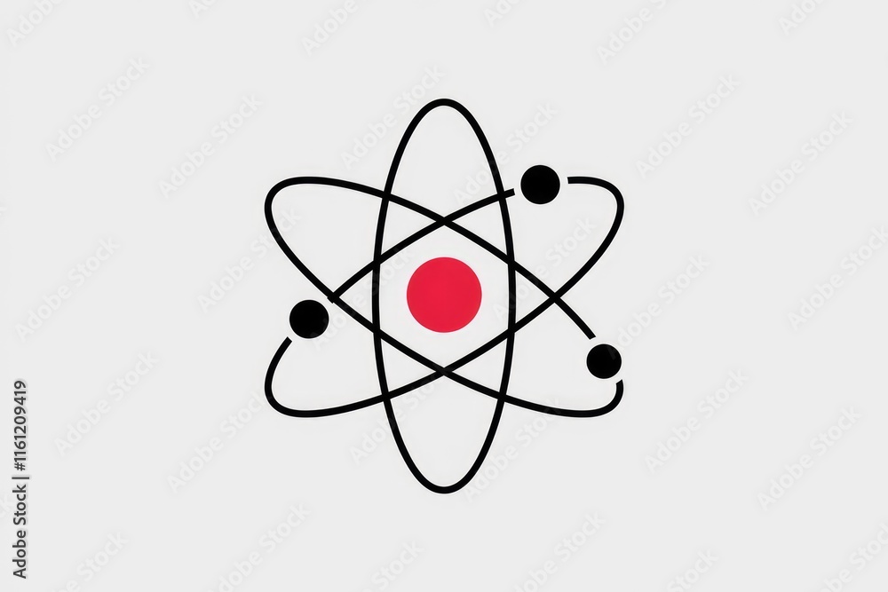 Poster A simple illustration of an atom with a red nucleus and orbiting electrons.