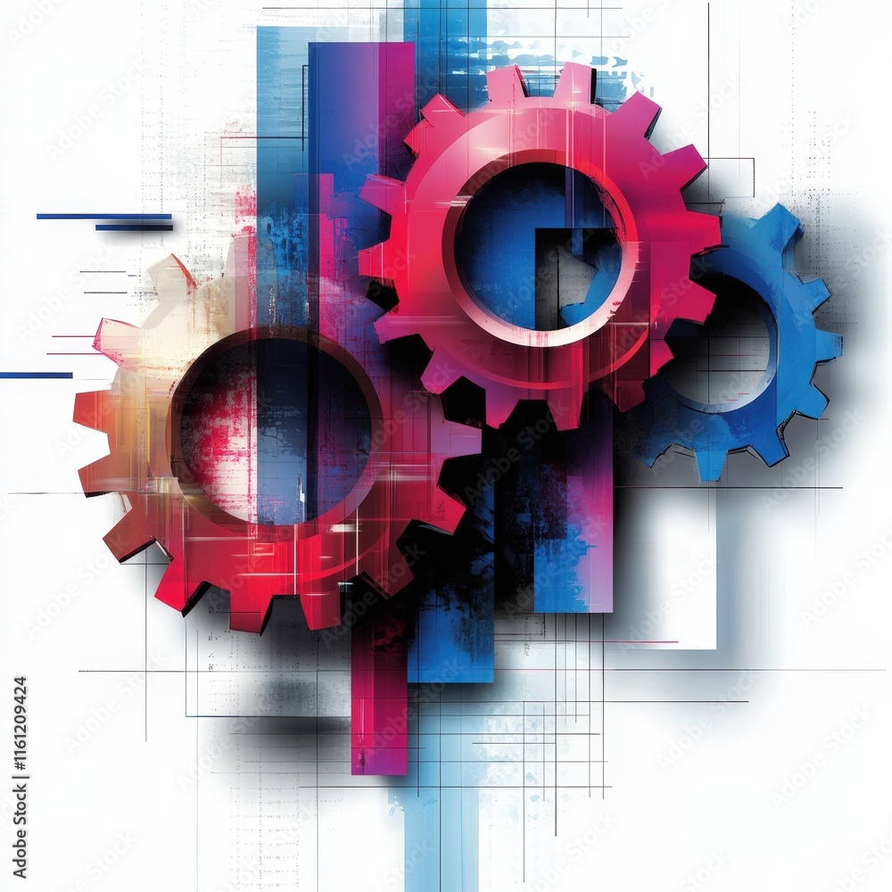 Poster dynamic red and blue gears against a modern abstract background
