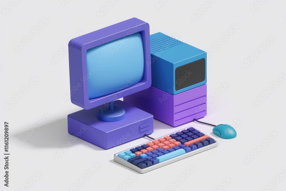Poster A 3D model of a retro computer with a blue screen  keyboard  and mouse.