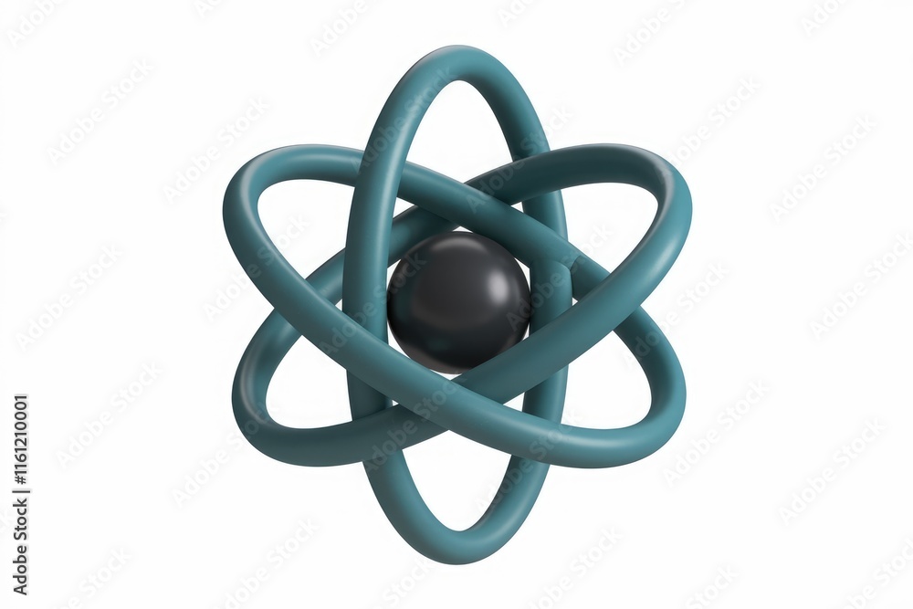 Poster A 3D model of an atom with a black nucleus and teal electron orbits.
