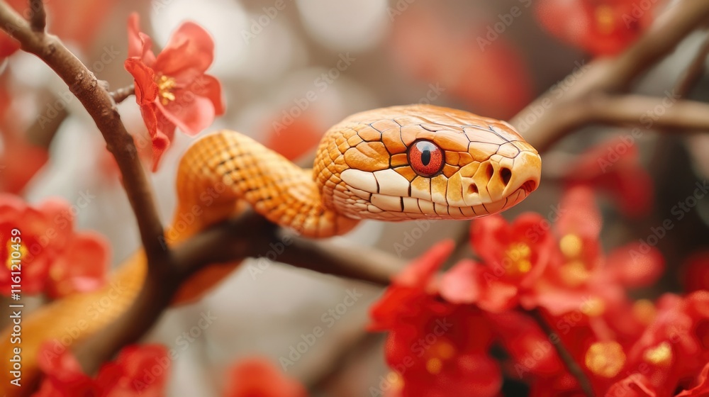 Poster a close-up shot of a snake coiled around a tree branch, its scales glistening in the light