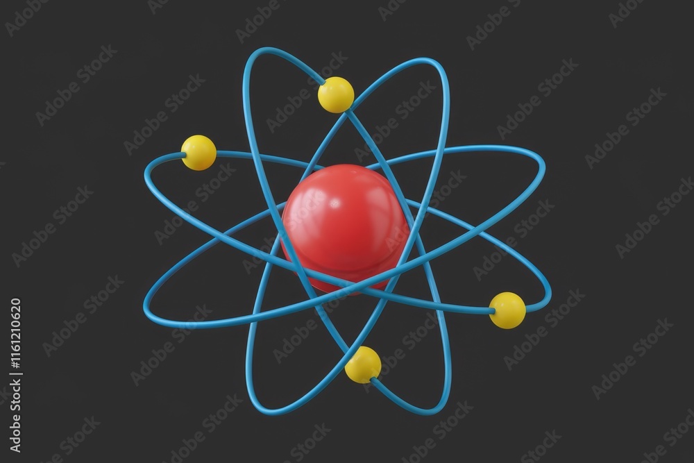 Poster 3d rendering of an atom with blue orbits and yellow electrons