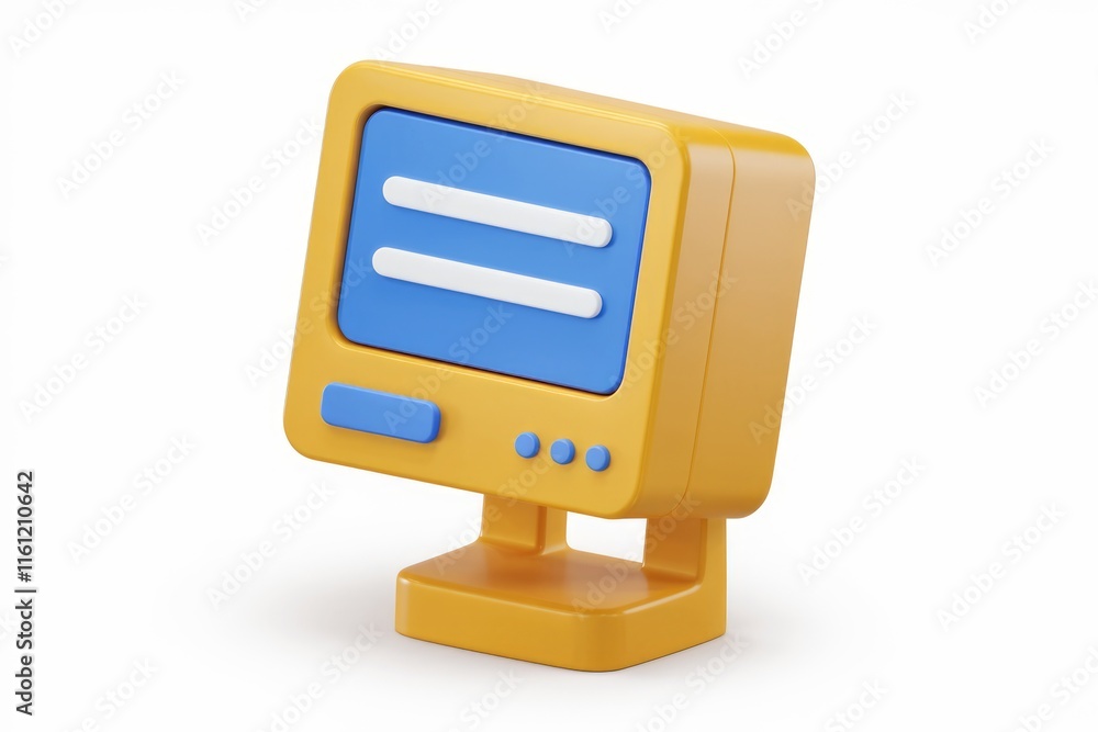 Poster 3D cartoon style computer monitor with a blue screen and a menu button