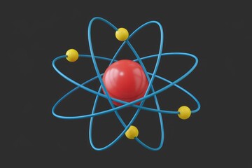 3D rendering of an atom with blue orbits and yellow electrons