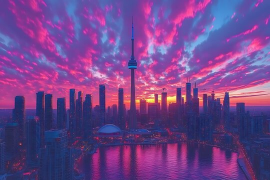 Toronto Skyline Sunset Vibrant Colors Cityscape