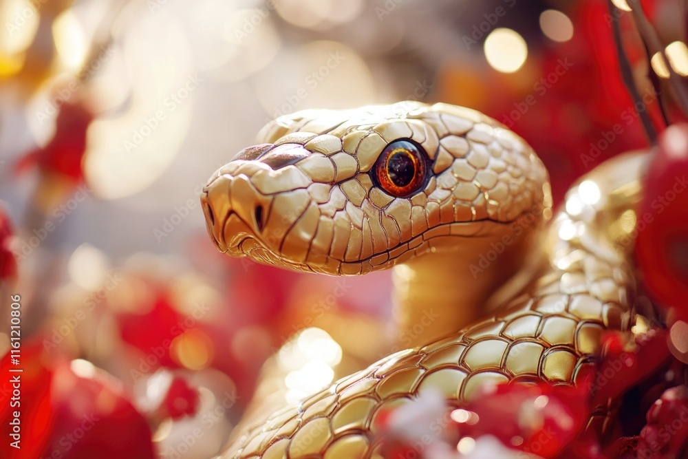 Poster a detailed image of a snake statue surrounded by vibrant red flowers