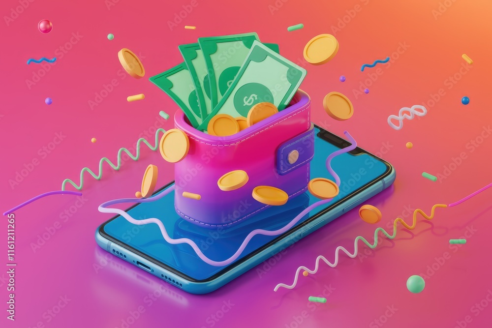 Poster A 3D rendering of a phone with a wallet and money popping out.