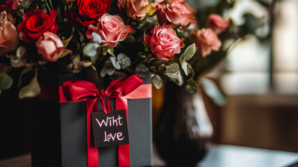 Obraz premium A lovely bouquet of pink and red roses in a dark gift box with a 'With Love' tag 