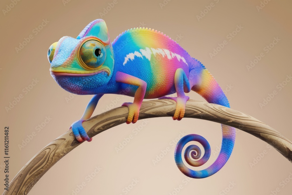 Poster A colorful chameleon perched on a branch  its tail curled in a spiral.