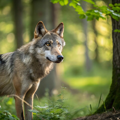 Fototapeta premium alert wolf facing camera in summer forest