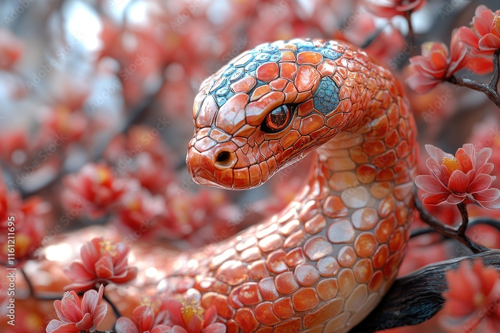 Poster a close-up view of a snake-shaped statue perched high up in a tree