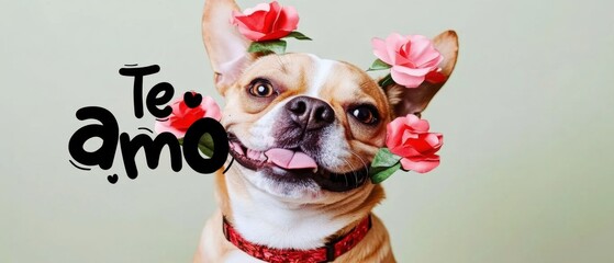 Adorable French Bulldog Puppy with Flowers, Saying Te Amo
