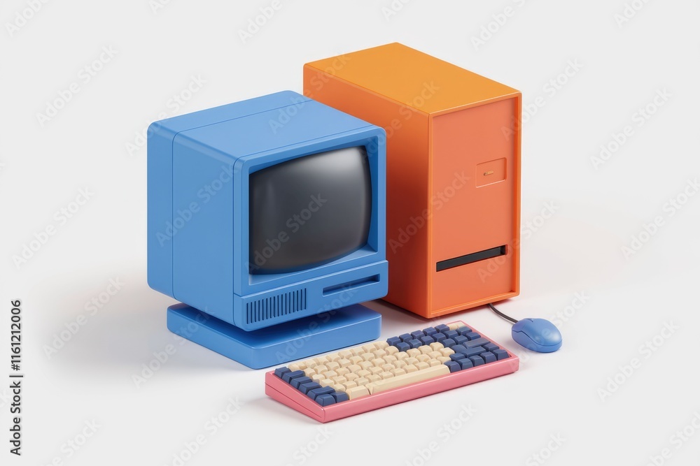 Poster a retro styled computer with a blue monitor orange cpu pink keyboard and blue mouse.