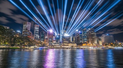 A futuristic cityscape illuminated by vibrant band lights symbolizing the digital transformation and 5G connectivity of smart cities.