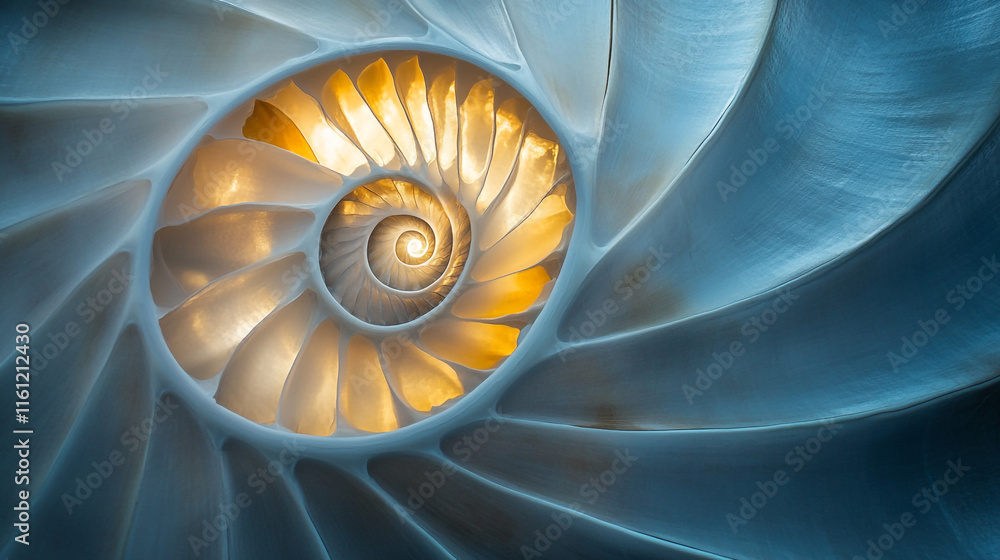 Poster beautiful spiral pattern of a nautilus shell illuminated by light