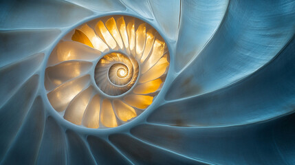 Beautiful spiral pattern of a nautilus shell illuminated by light