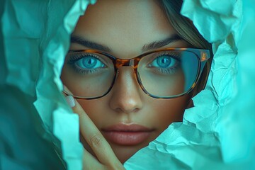 A woman wearing glasses is concealing herself behind a sheet of paper, providing a moment of anonymity and secrecy