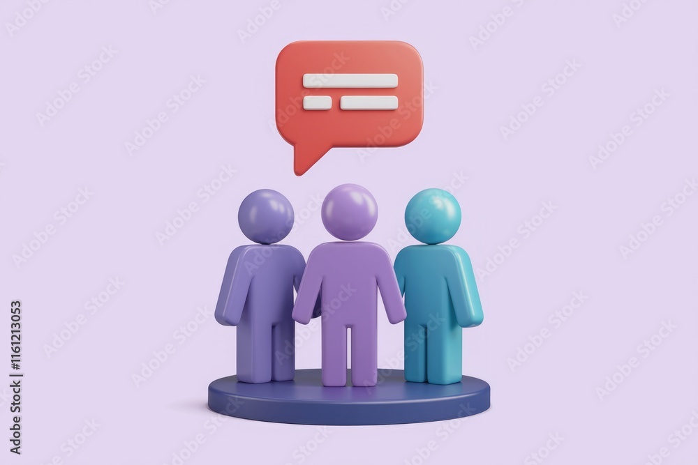 Poster Three 3D figures standing together with a speech bubble above them.