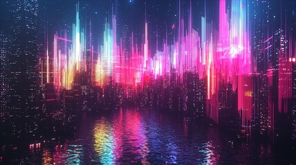 Fototapeta premium A vibrant digital skyline at night, featuring towering skyscrapers illuminated with neon lights in hues of pink, blue, and yellow. The cityscape reflects off the calm waters below, creating a mesmeriz