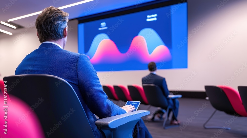 Poster a professional setting where attendees observe a presentation on data trends, with a focus on modern