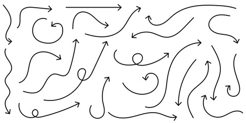 Set of simple lines hand drawn black arrows in various style. Set of simple of hand drawn black arrows. Set of simple lines hand drawn black arrows