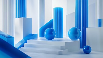 Abstract composition with blue spheres, columns, and white geometric structures, creating a clean, modern, and futuristic aesthetic. AI generative.