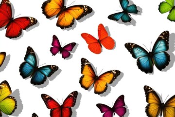 A cluster of vibrant butterflies perched on a clean white surface