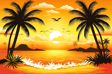 Obraz premium A serene tropical beach during sunset featuring golden skies, gentle waves, and palm trees silhouetted against the horizon, creating a perfect scene for relaxation and vacation inspiration.