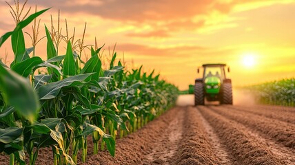 A tractor drives through a vibrant cornfield at sunset, highlighting agricultural practices and rural life.