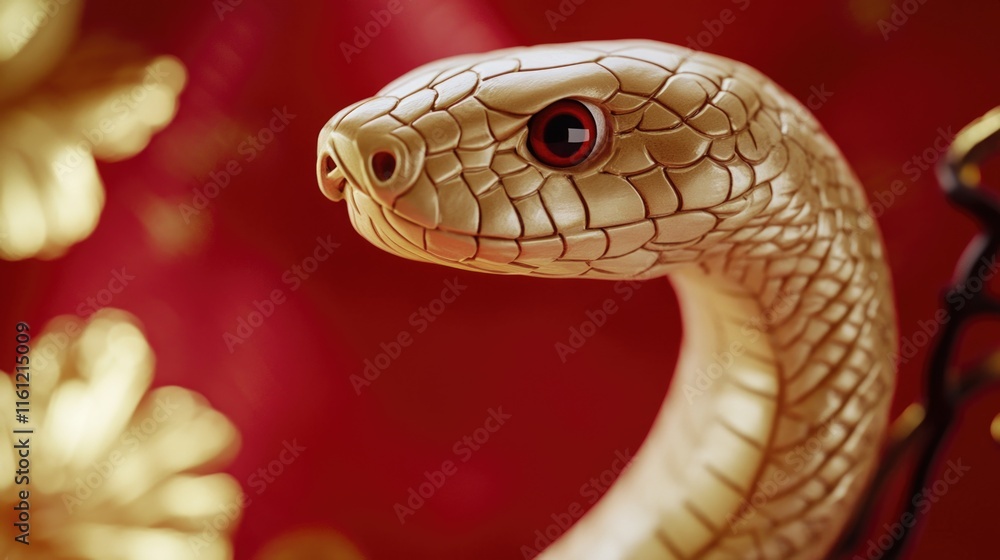 Poster a close-up view of a snake's head with a distinctive red eye, suitable for use in wildlife or nature