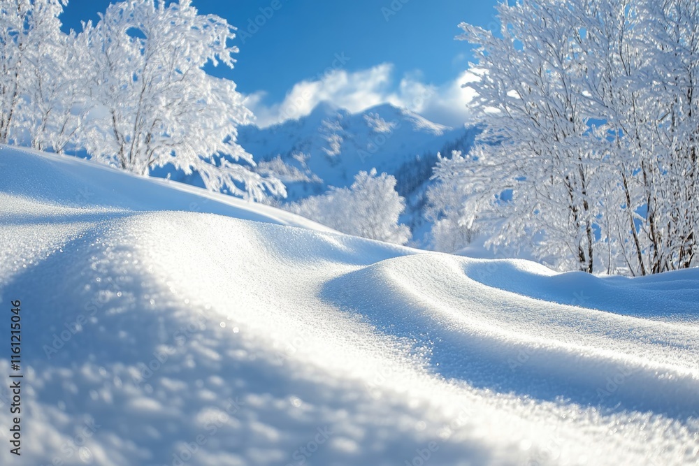 Poster a winter scene with a snow-covered field and trees in the background