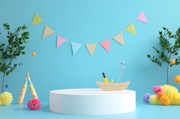 3D cartoon white circle with Songkran festival decorations around the frame