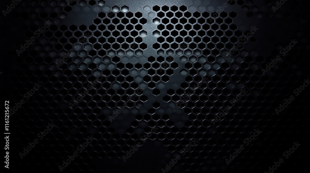 Poster abstract metal texture: an intricate honeycomb pattern etched into a dark metal surface, creating a 