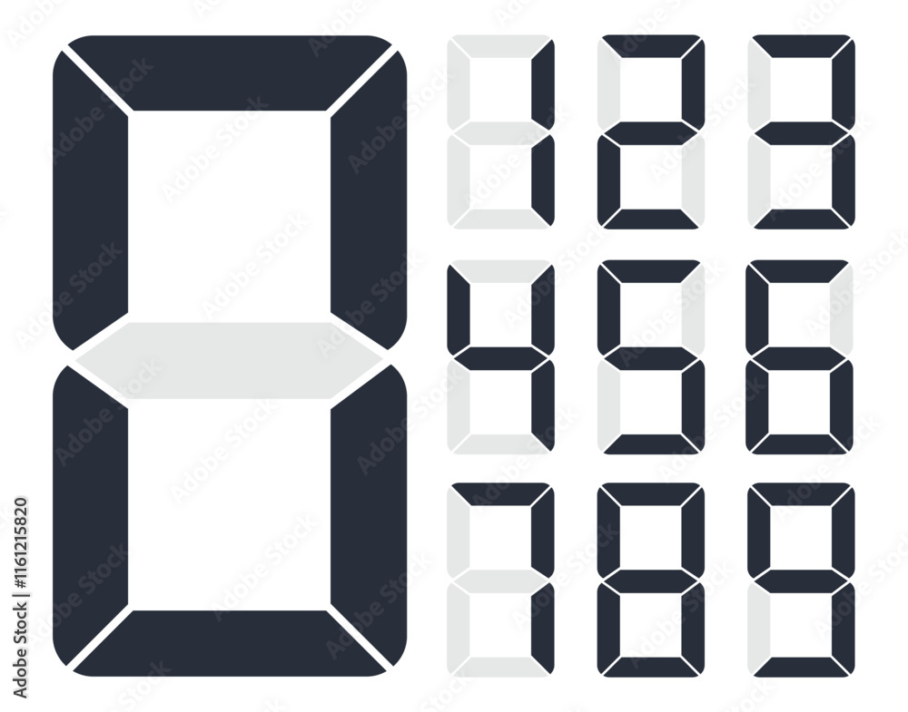 Fototapete digital display font. alarm clock letters and numbers, electronic alphabet and retro calculator scre