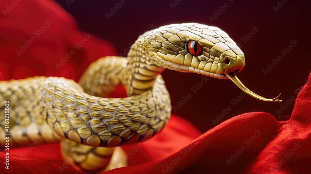 Poster a close-up shot of a snake coiled around a red cloth, focusing on the texture and pattern of both th