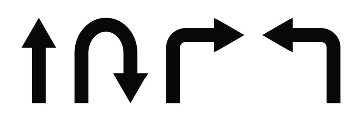 Go straight, this way, one way, only u turn left and right black arrow sign. Vector illustration. EPS 10.