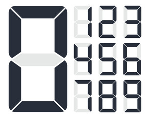 Digital display font. Alarm clock letters and numbers, electronic alphabet and retro calculator screen symbols vector set. Letters set for a digital watch and other electronic devices.
