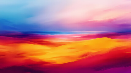 Obraz premium A dramatic landscape of a hot sandy dune field at sunrise, with a blurred beach in the background, landscape, vast expanse, desert, vibrant colors. Dune. Illustration