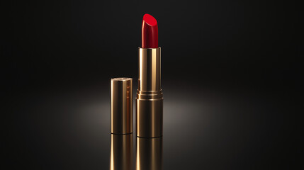 Elegant red lipstick in golden tube showcased against dark background with soft illumination