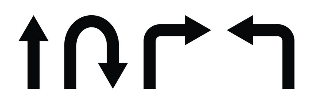 Go straight, this way, one way, only u turn left and right black arrow sign. Vector illustration. EPS 10.