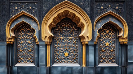 Obraz premium Three Ornate Gold And Blue Architectural Windows